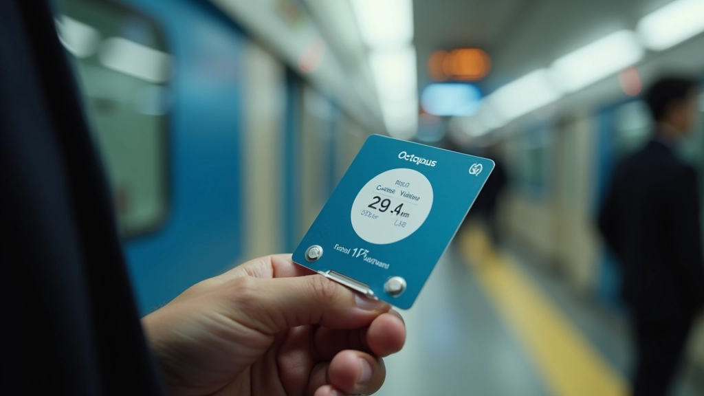 Close-up view of Octopus card placed on MTR fare reader showing balance display screen