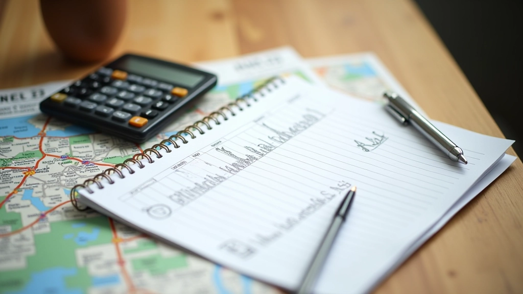 Notebook with handwritten transport route calculations and cost breakdown chart