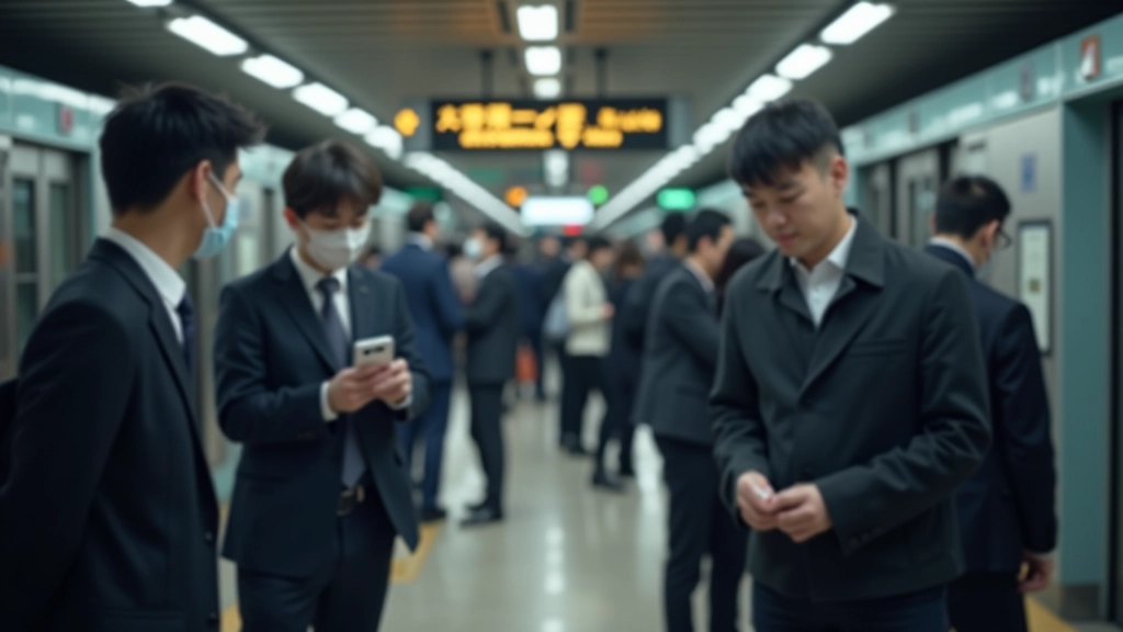 Hong Kong MTR station platform with commuters checking transport cards during morning rush hour