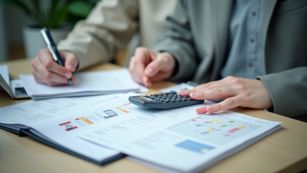 Person calculating transport costs on notebook with calculator and MTR fare chart visible on desk