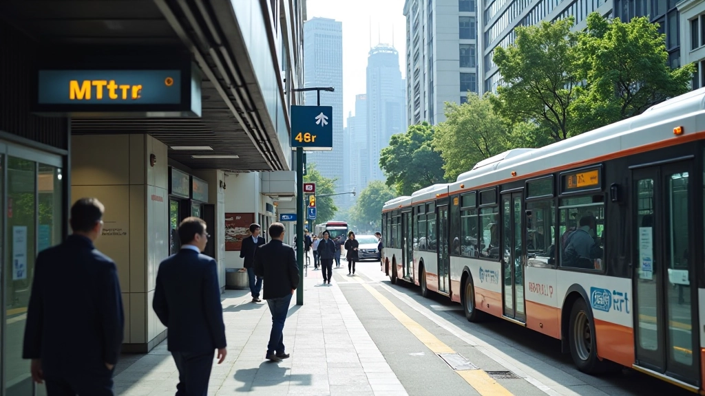 Hong Kong bus and MTR station entrance visible on street showing mixed transport modes used for typical commute