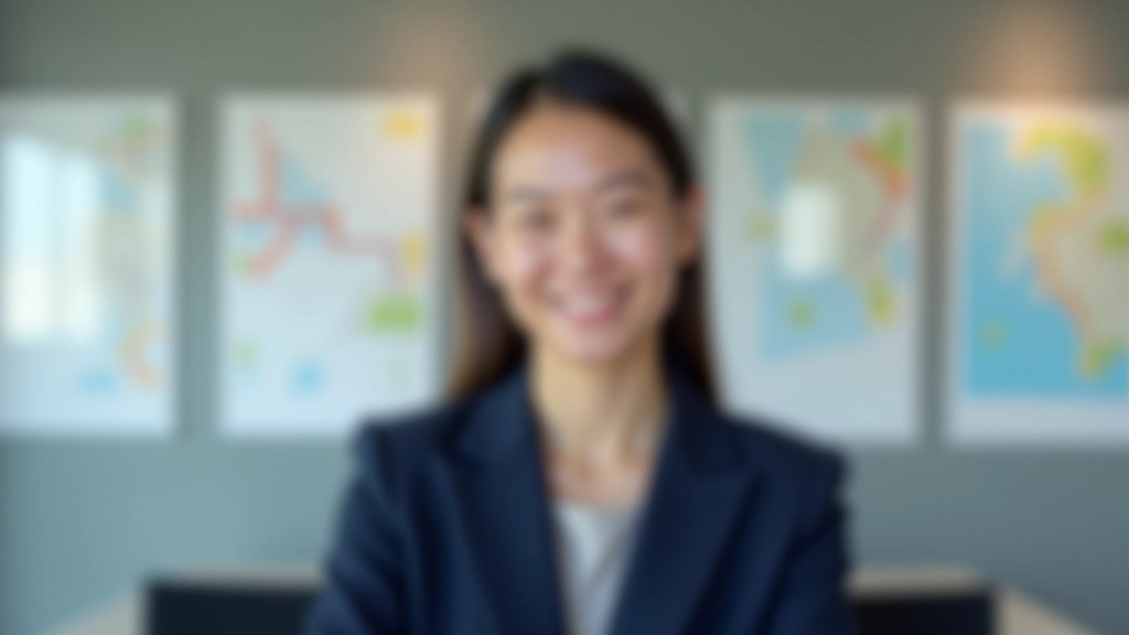 Transport analyst Sarah in professional attire, portrait from chest up, office setting with transport maps visible